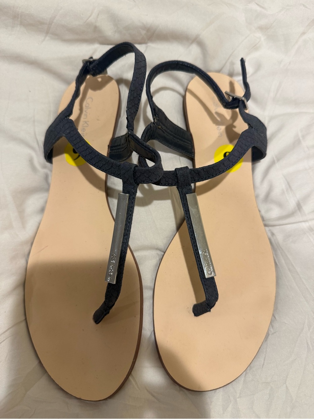 Calvin Klein Black T-Strap Sandals with Silver Accents